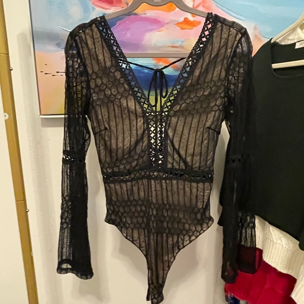 Black Lace Bodysuit concert festival goth small lace long sleeve